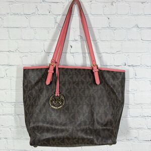 Michael Kors Tore Shoulder Bag Women Monogram MK logo Brown Pink Medium Jet Set